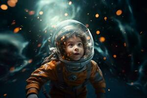 Space adventure with little astronaut child in spacesuit. photo