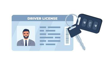 Driver License ID card and Car key with Charm of the alarm system. Personal info data. Identification document with person photo. Driver's license. Vector illustration.