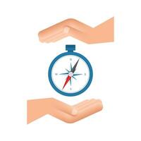 Compass icon over hands on white background. Flat vector navigation symbol. Vector stock illustration