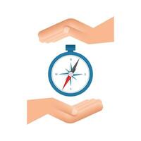 Compass icon over hands on white background. Flat vector navigation symbol. Vector stock illustration