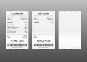 Receipts of realistic payment paper bills for cash or credit card transaction. Vector stock illustration