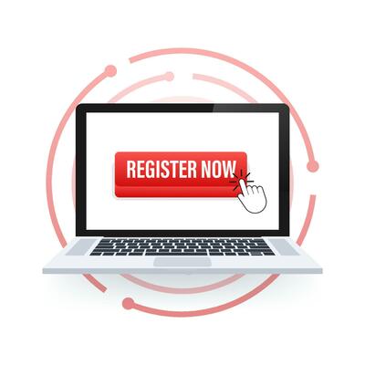 Register now with cursor button. Internet icon. Pointer click icon. Vector stock illustration