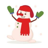 Cute snowman in a warm hat, warm scarf and mittens is having fun. Snowing. Vector graphic.