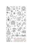 2024 Merry Christmas outline vertical poster - vector Happy 2024 New Year illustration