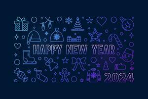 Happy New 2024 Year colored horizontal Banner in line style - vector illustration