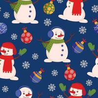 Cute seamless pattern with snowmen, Christmas tree decorations and snowflakes. Snowing. Vector graphic.