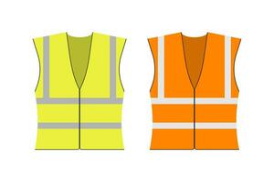 Safety jacket security. Set of yellow and orange work uniform with reflective stripes. Vector stock illustration