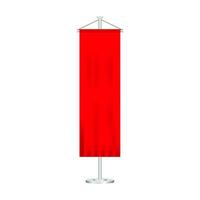 Signal red long sport advertising pennants banners samples on pole stand support pedestal realistic set. Vector stock illustration.