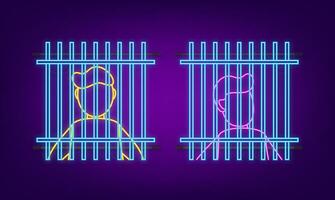 prisionero silueta frente con policía datos tablero. neón icono. mano dibujado negro icono en blanco fondo. vector antecedentes.