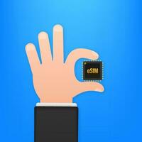 é SIM incrustado sim tarjeta con manos icono símbolo concepto. nuevo chip móvil celular comunicación tecnología. vector valores ilustración