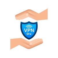 Secure VPN connection concept with hands. Hnads holding vpn sign. Virtual private network connectivity overview. Vector stock illustration