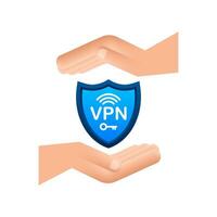 Secure VPN connection concept with hands. Hnads holding vpn sign. Virtual private network connectivity overview. Vector stock illustration