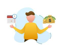 Man choosing between two options Time and money. Vector stock illustration.