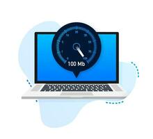 velocidad prueba en ordenador portátil. velocímetro Internet velocidad 100 megabyte. sitio web velocidad cargando tiempo. vector ilustración