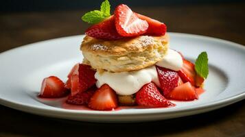 foto de fresa torta de frutas como un plato en un gama alta restaurante. generativo ai