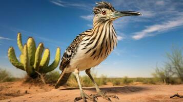 Photo of a Roadrunner in a Desert with blue sky. Generative AI