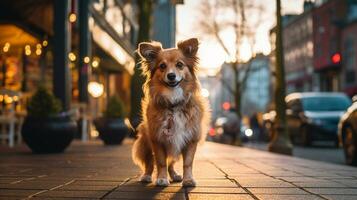 Photo of a dog standing on the street in downtown. Generative AI