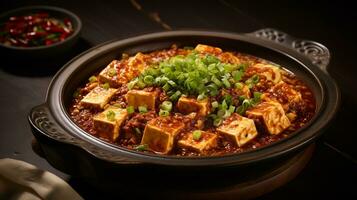 foto de Szechuan mapo tofu como un plato en un gama alta restaurante. generativo ai