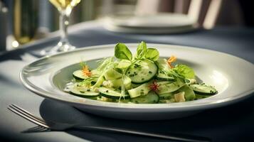 Photo of Cucumber Salad as a dish in a high-end restaurant. Generative AI