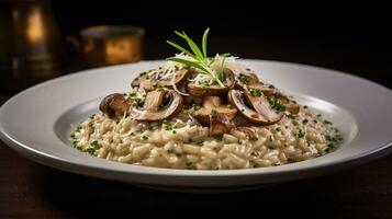 Photo of Mushroom Risotto as a dish in a high-end restaurant. Generative AI