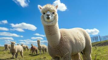 Photo of a Alpaca in the Farmland. Generative AI