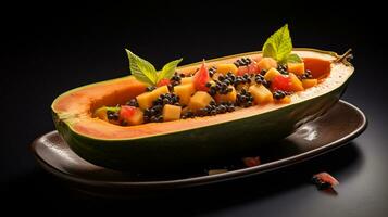 Photo of Papaya Boat with Lime as a dish in a high-end restaurant. Generative AI