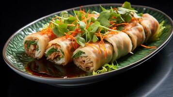 Photo of Spring Rolls as a dish in a high-end restaurant. Generative AI