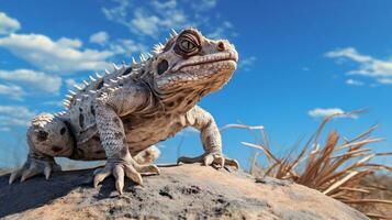 Photo of a Horned Toad in a Desert with blue sky. Generative AI