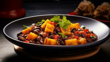 Photo of Plantain and Black Bean Stew as a dish in a high-end restaurant. Generative AI