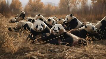 Photo of a herd of Panda resting in an open area on the Savanna. Generative AI