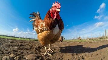 Photo of a Bantam Chicken in the Farmland. Generative AI