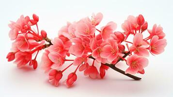 Photo of beautiful Coral Bells flower isolated on white background. Generative AI