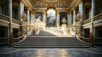 Photo of the room featuring the interior design of the Palace of Versaille, France. Generative AI