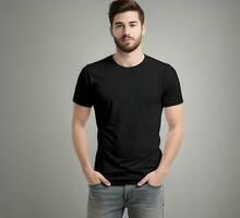 Young man wearing blank black t shirt mockup print presentation mockup ai generate photo