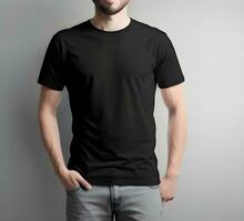 Young man wearing blank black t shirt mockup print presentation mockup ai generate photo
