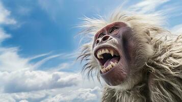 foto de un babuino debajo azul cielo. generativo ai
