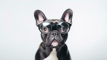 Photo of a French Bulldog dog using eyeglasses isolated on white background. Generative AI