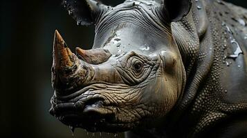 Close-up photo of a Rhinoceros looking any direction on jungle. Generative AI