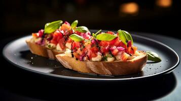 Photo of Summer Bruschetta as a dish in a high-end restaurant. Generative AI