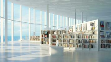 Interior of modern library with white walls, wooden floor, rows of bookcases and bookcases. 3d rendering. Generative AI photo