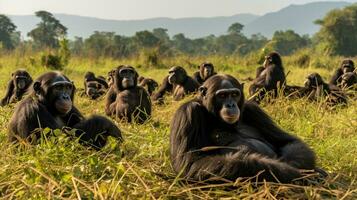 Photo of a herd of Chimpanzee resting in an open area on the Savanna. Generative AI