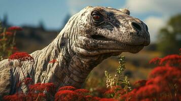 Close-up photo of a Brachiosaurus looking in their habitat. Generative AI