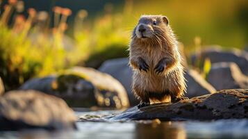 Close-up photo of a Lemming looking in their habitat. Generative AI