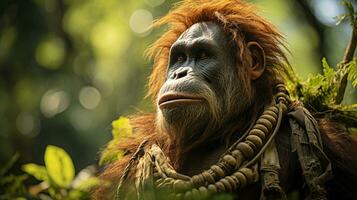 Close-up photo of a Orangutan looking any direction on jungle. Generative AI