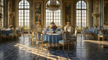 Photo of the dining room at the Palace of Versaille, France. Generative AI