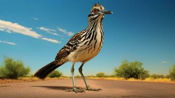 Photo of a Roadrunner in a Desert with blue sky. Generative AI