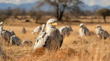 Photo of a herd of Secretary Bird resting in an open area on the Savanna. Generative AI