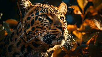 Close-up photo of a African Leopard looking any direction on jungle. Generative AI