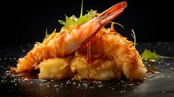 foto de gamba tempura como un plato en un gama alta restaurante. generativo ai