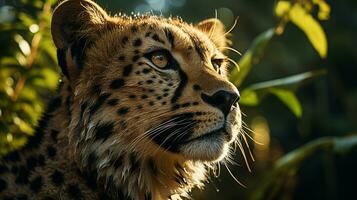 Close-up photo of a Cheetah looking any direction on jungle. Generative AI